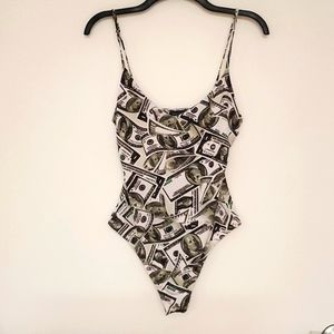 Mind Code Money ones and 100 dollar bill graphics bodysuit spaghetti strap Lg.